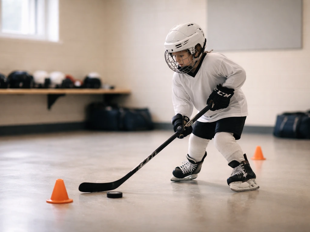 Un enfant en casque s’entraîne dans une salle, avec des équipements rangés, ambiance organisation interne.