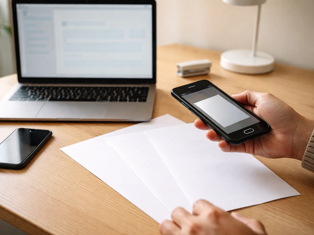 Mains anonymes sur une table, documents à numériser près d’un ordinateur portable pour une inscription en ligne.