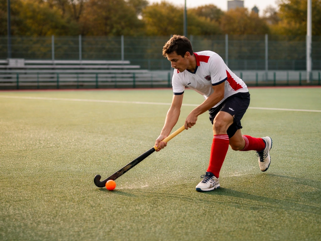 Joueur de hockey sur gazon à Toulouse sur terrain synthétique, bâton au sol, ambiance sportive locale