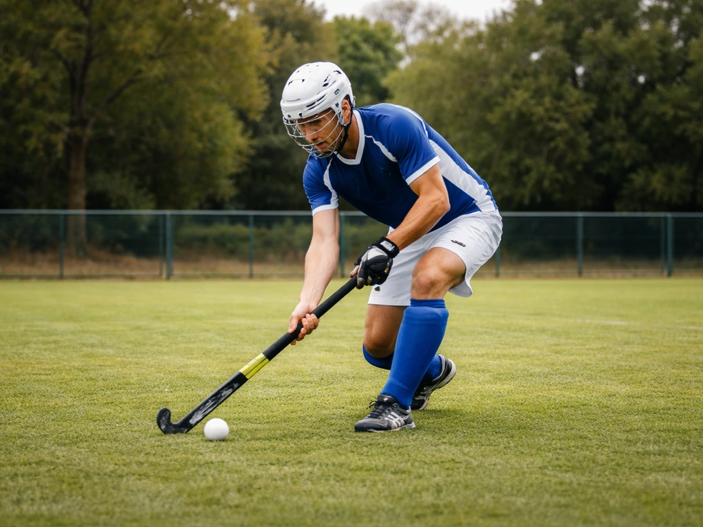 Joueur de hockey sur gazon sur un terrain vert près des barrières, tenue de club, ambiance sportive à Toulouse.