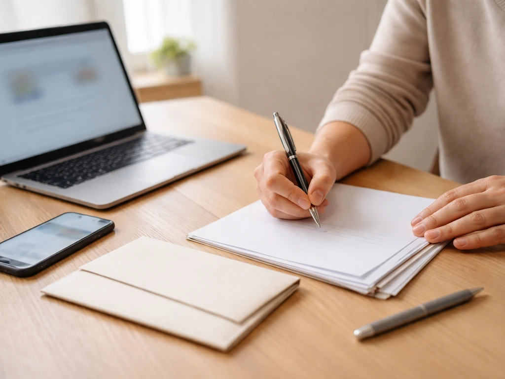 Mains sur un bureau, smartphone et ordinateur avec page web floue, documents d’adhésion prêts.