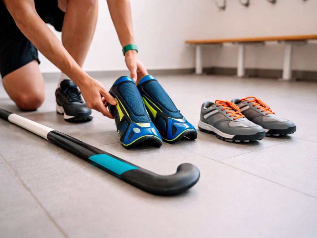 Équipement de hockey posé avant entraînement : crosse, protège-tibias et chaussures à crampons sur sol clair.