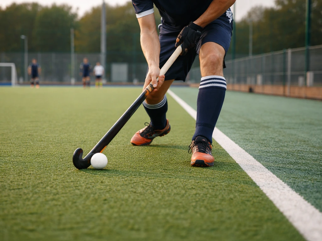 Joueur de hockey sur gazon sur un terrain à Wattignies, ambiance entraînement, pelouse verte et crosse en action.