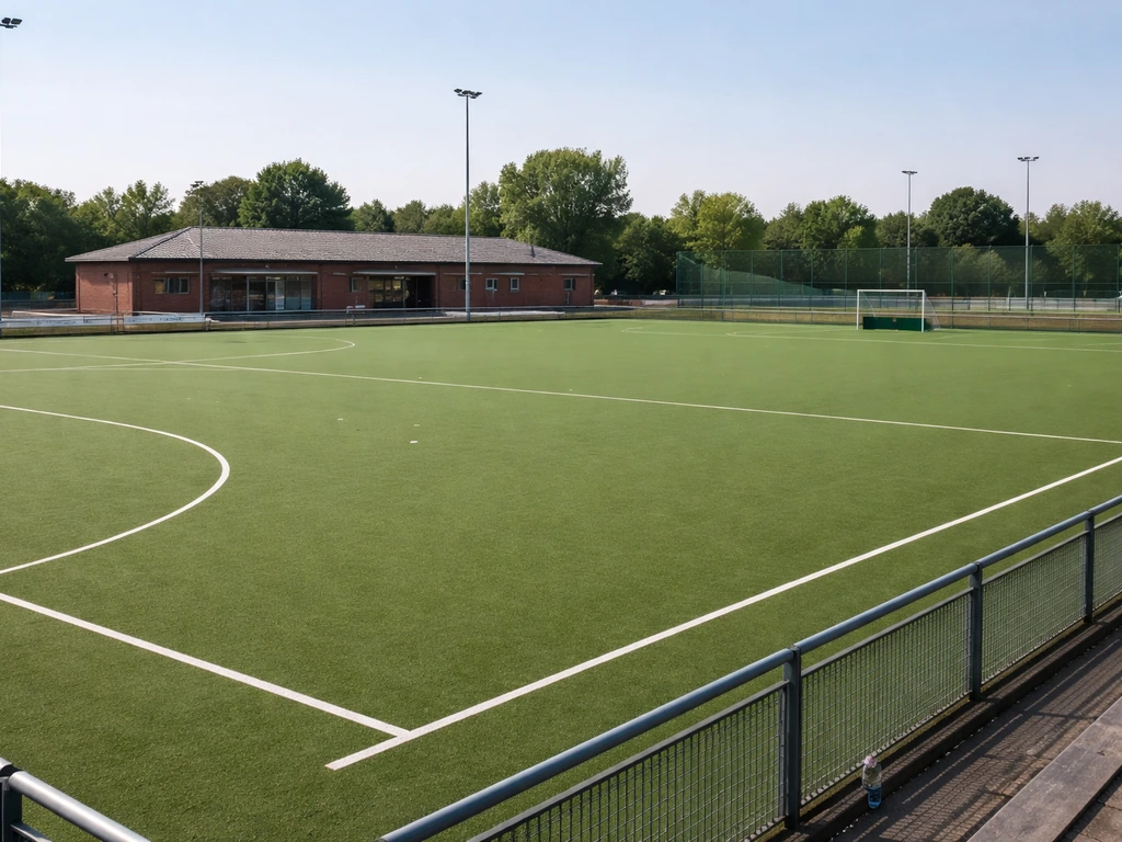 Terrain synthétique de hockey sur gazon à Wattignies avec vue sur le club house, ambiance sportive calme.