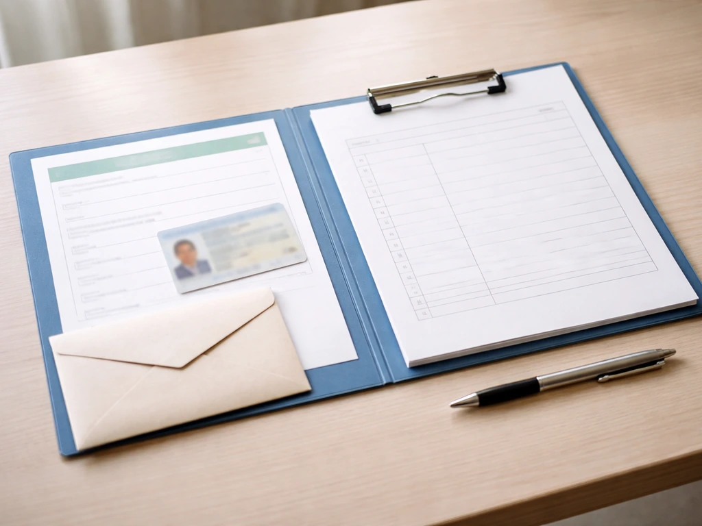 Dossier d’inscription posé sur une table : certificat médical et pièce d’identité prêts, étiquette de dossier vierge