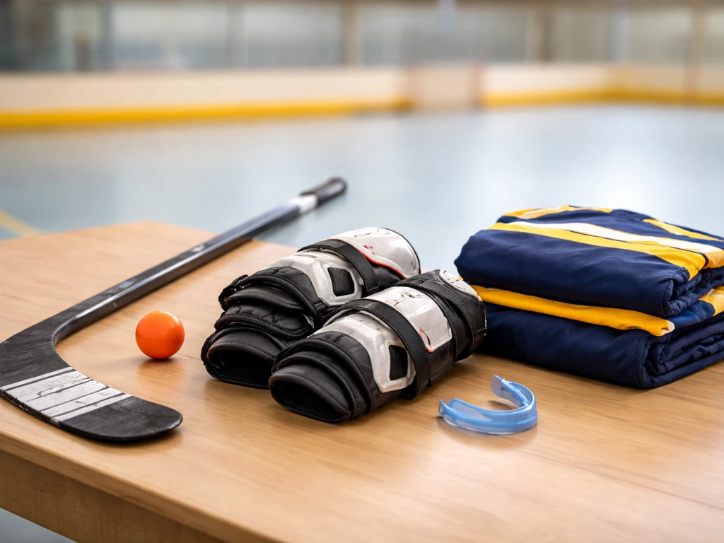 Équipement de hockey sur table près d’une aire : crosse, balle, protège-dents, protections et tenue de club.