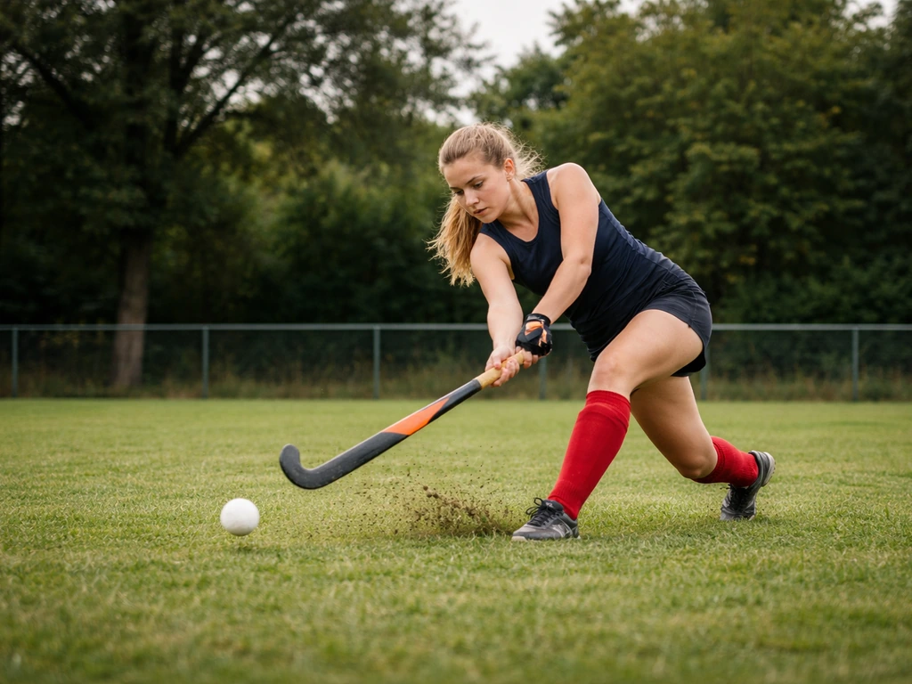 Joueur de hockey sur gazon en action sur un terrain, lumière naturelle, ambiance club à Barentin