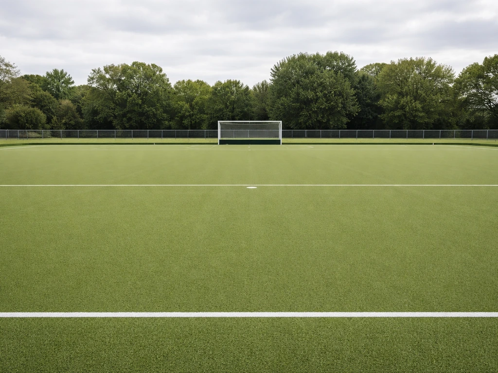 Terrain de hockey sur gazon à Barentin : pelouse synthétique, buts et marquages visibles sous lumière naturelle.