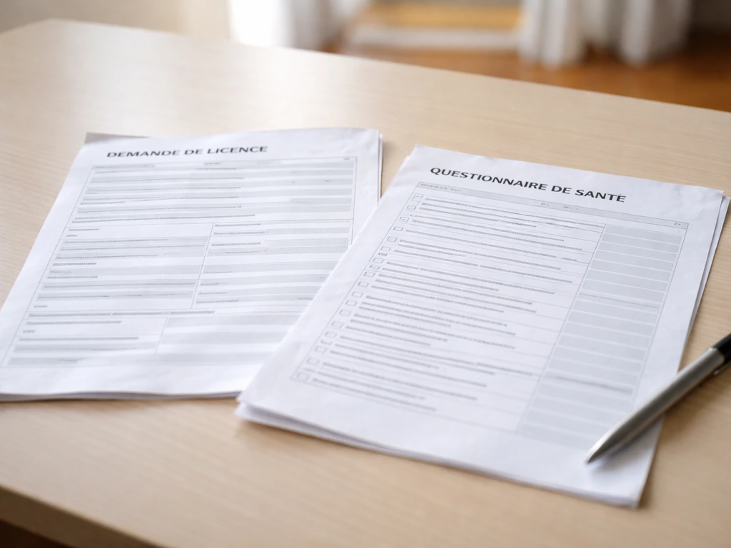 Documents de demande de licence et questionnaire de santé FFH posés à plat sur un bureau, sans données sensibles.