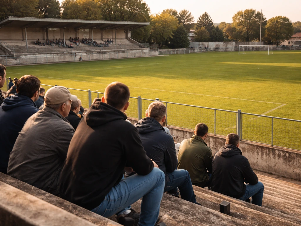Des tribunes et le bord du terrain d’un stade municipal pendant un match local, ambiance locale.