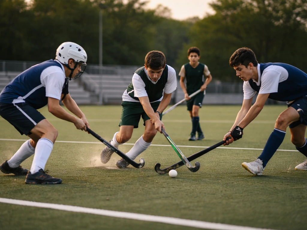 Match de hockey sur gazon aux États-Unis sur terrain synthétique, joueurs en action sous la lumière du soir