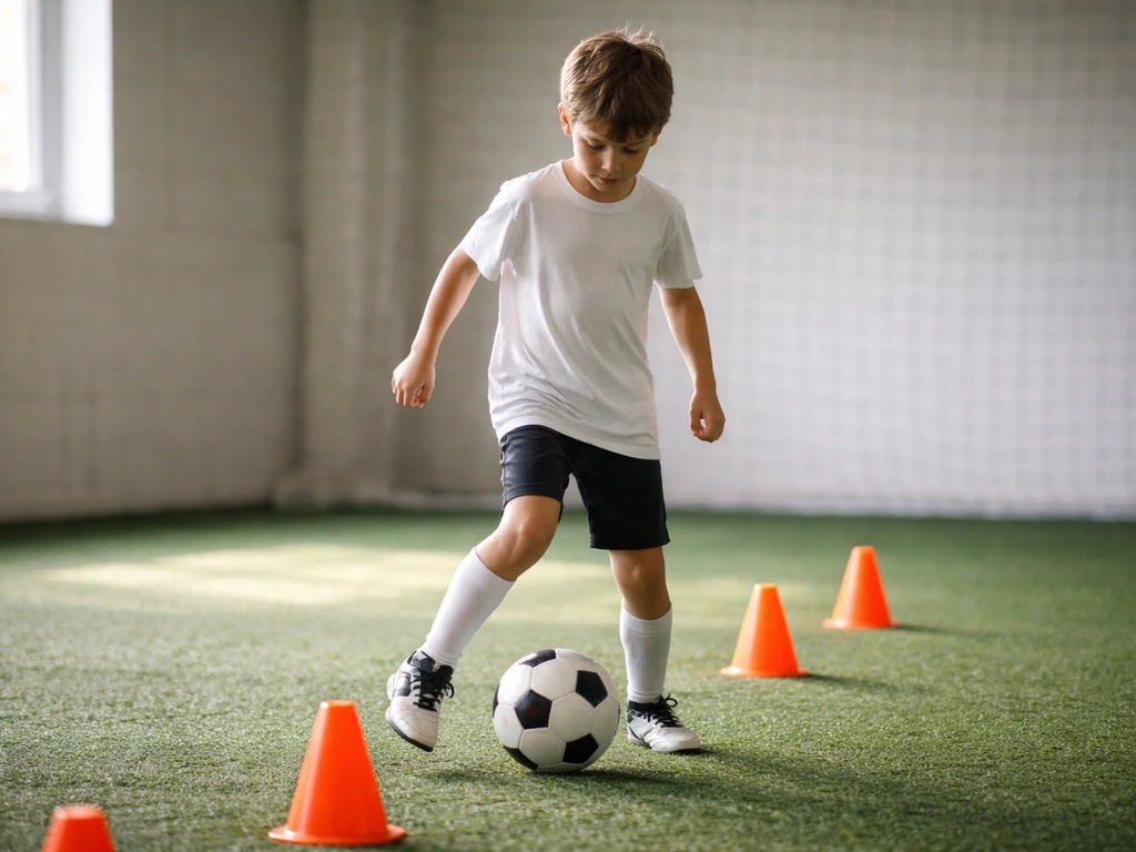 Entraînement de jeunes au football en intérieur, ballons et plots, un joueur en mouvement, ambiance formation