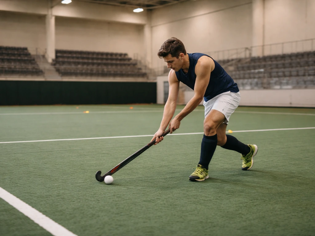 Match de hockey sur gazon universitaire dans une salle, joueurs anonymes sur un terrain éclairé