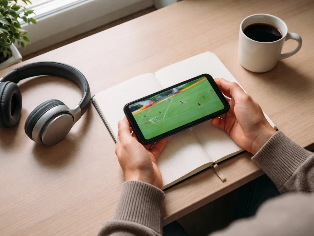 Personne anonyme sur un bureau en France regardant un match de hockey sur gazon via smartphone