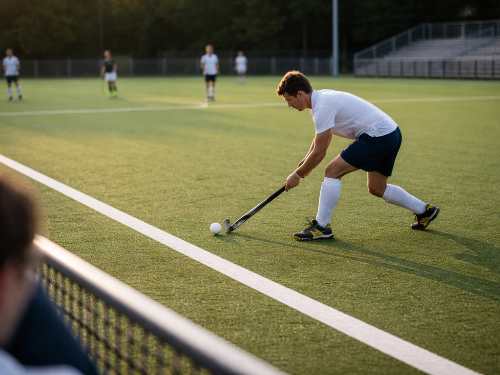 Joueur de hockey sur gazon anonyme en action sur un terrain vert, vue terrain pendant un match.