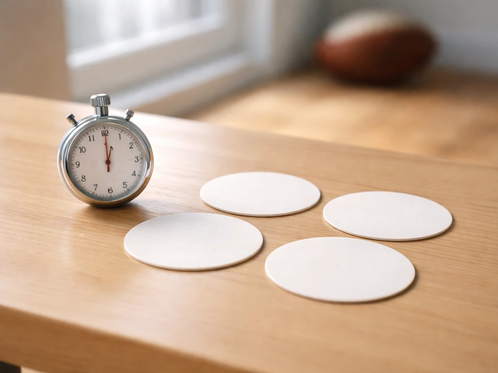Un chronomètre et quatre cartes vierges sur une table, évoquant quatre quarts-temps de 15 minutes.