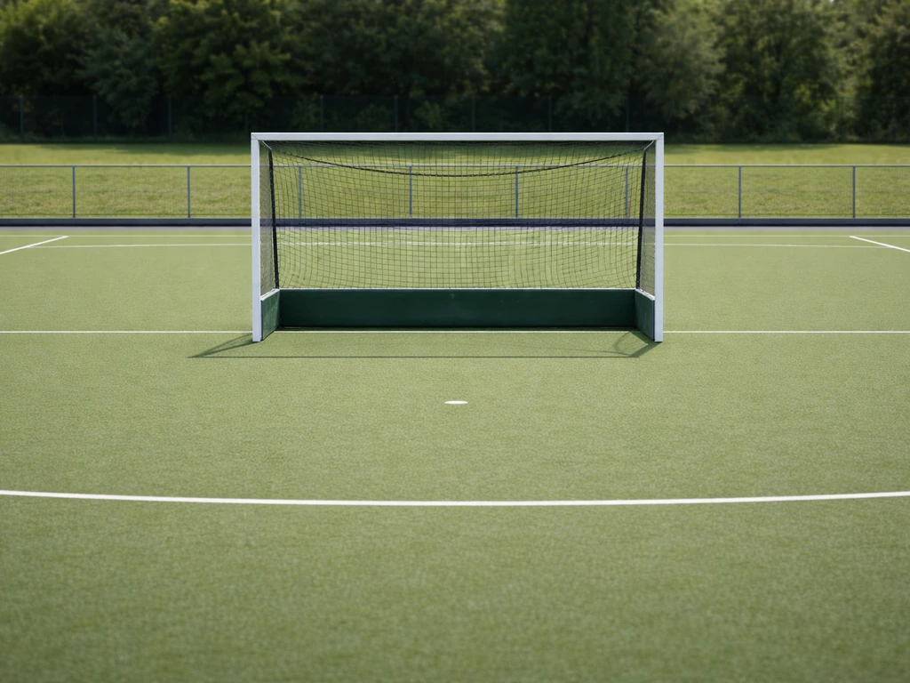 Terrain de hockey sur gazon avec marquages et un but, sans joueurs, ambiance extérieure en lumière naturelle.
