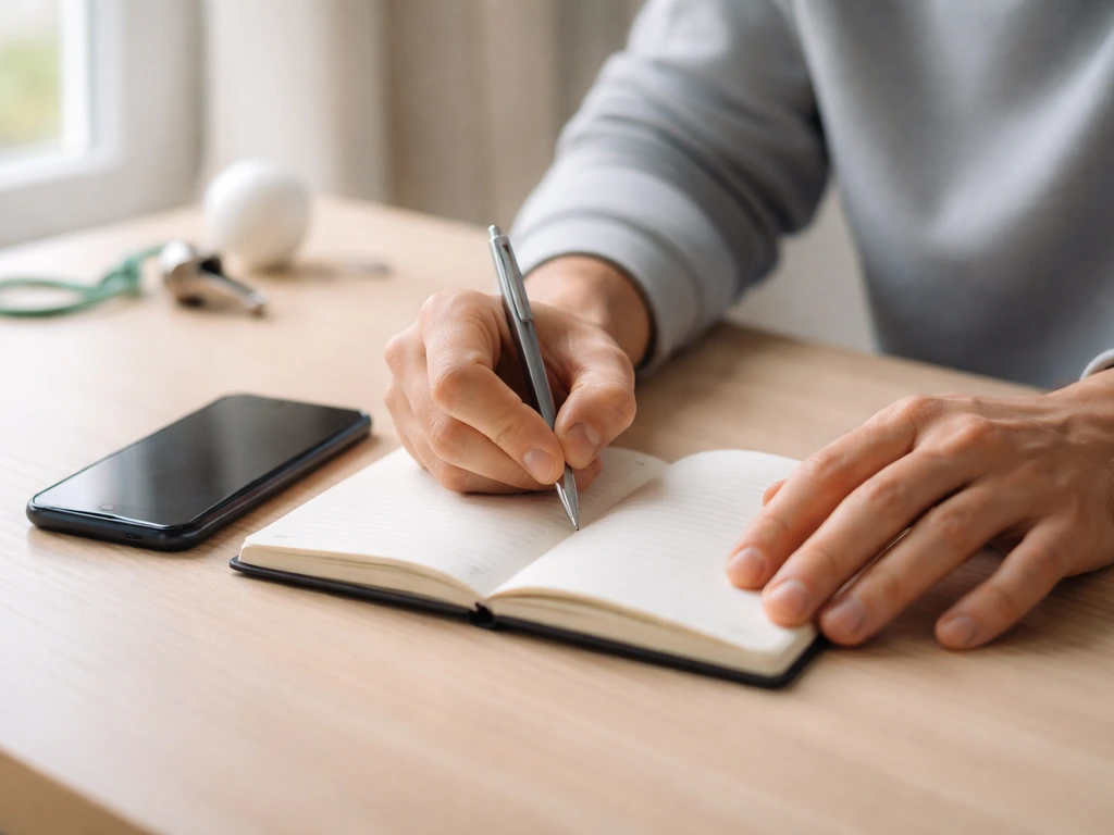 Personne anonyme devant un carnet et un smartphone, bureau simple, ambiance contacts pour club de sport