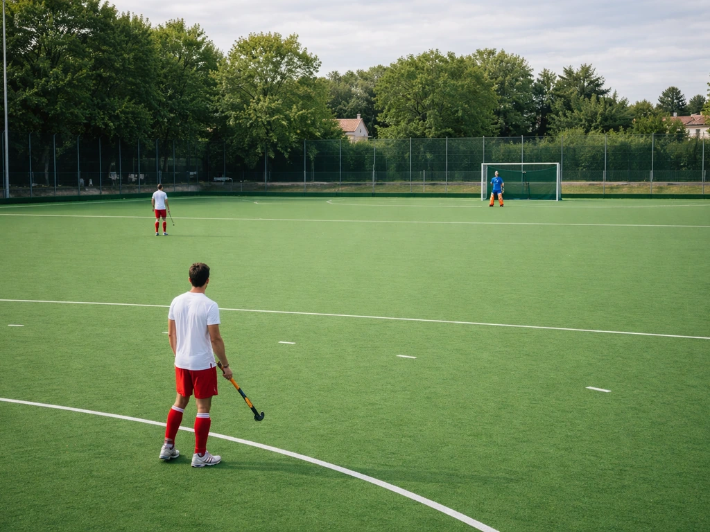 Terrain rectangulaire de hockey sur gazon avec vue simple : gardien et zones clés, sans texte ni schéma.