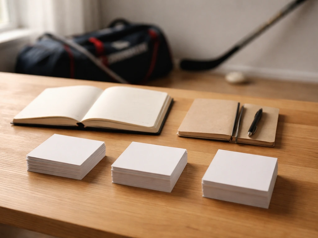 Cartes et carnet sur une table en bois avec un sac de hockey flou en arrière-plan, ambiance club.