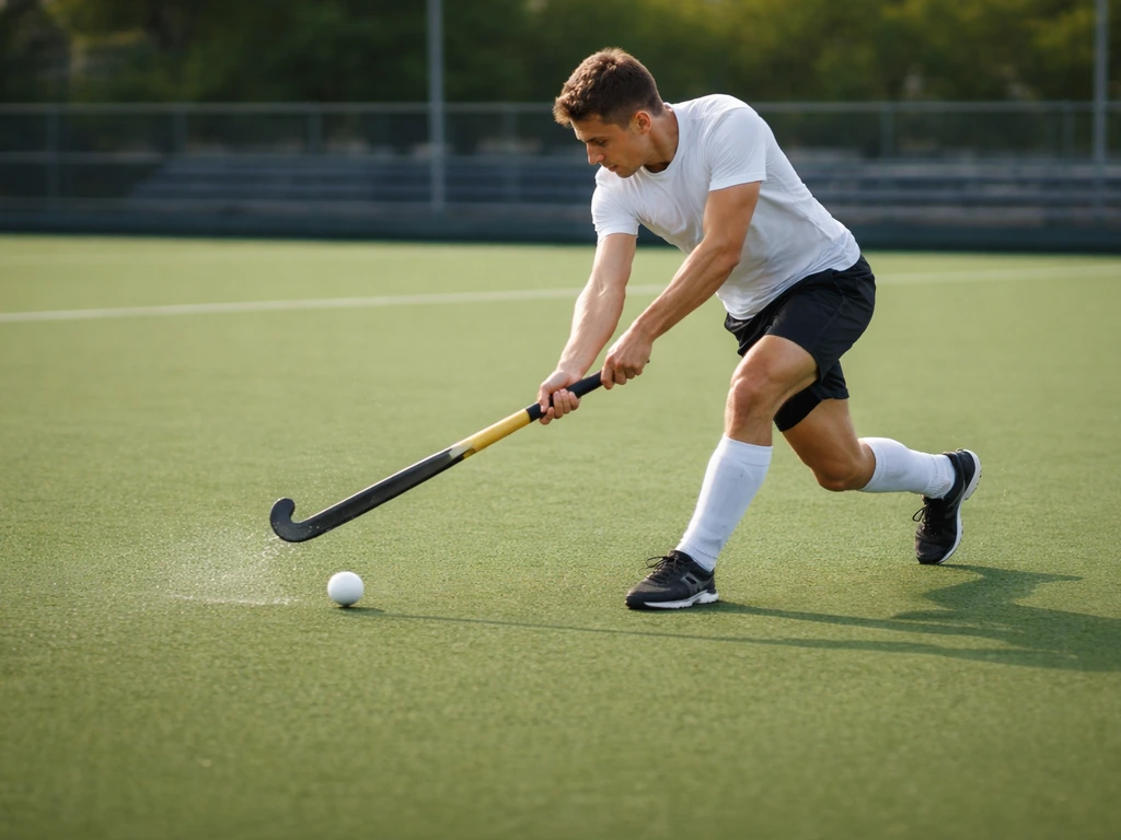Match de hockey sur gazon sur terrain synthétique, crosse et ballon en pleine action