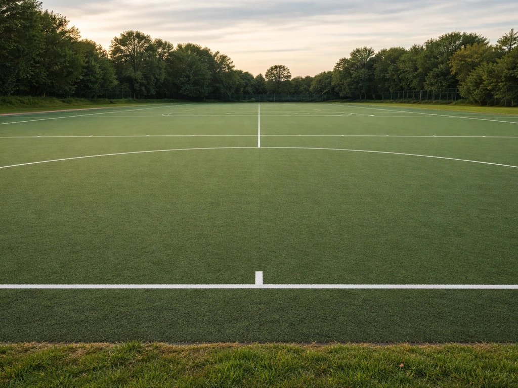 Terrain de hockey sur gazon avec marquages clairs, vu en perspective, sans joueurs ni objets.