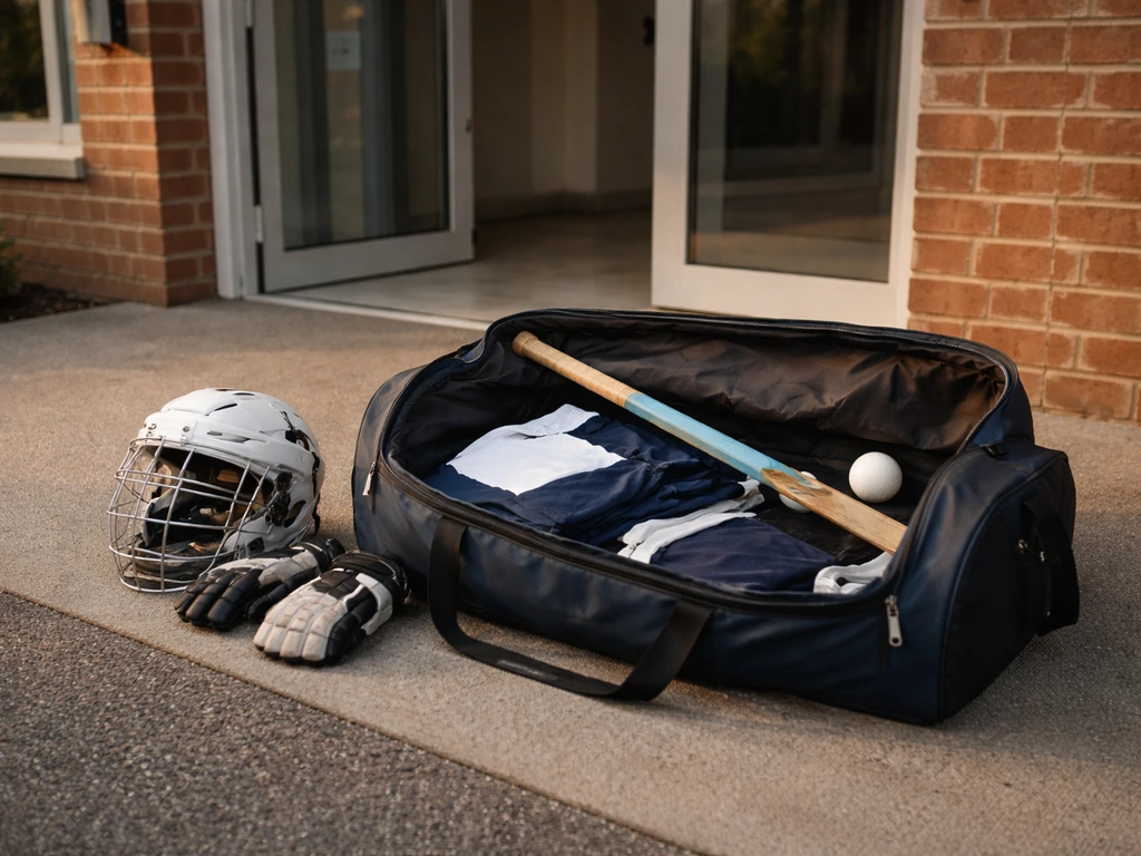 Sac de crosse et torche de hockey sur gazon devant une porte de club, tenue posée pour l’entraînement.