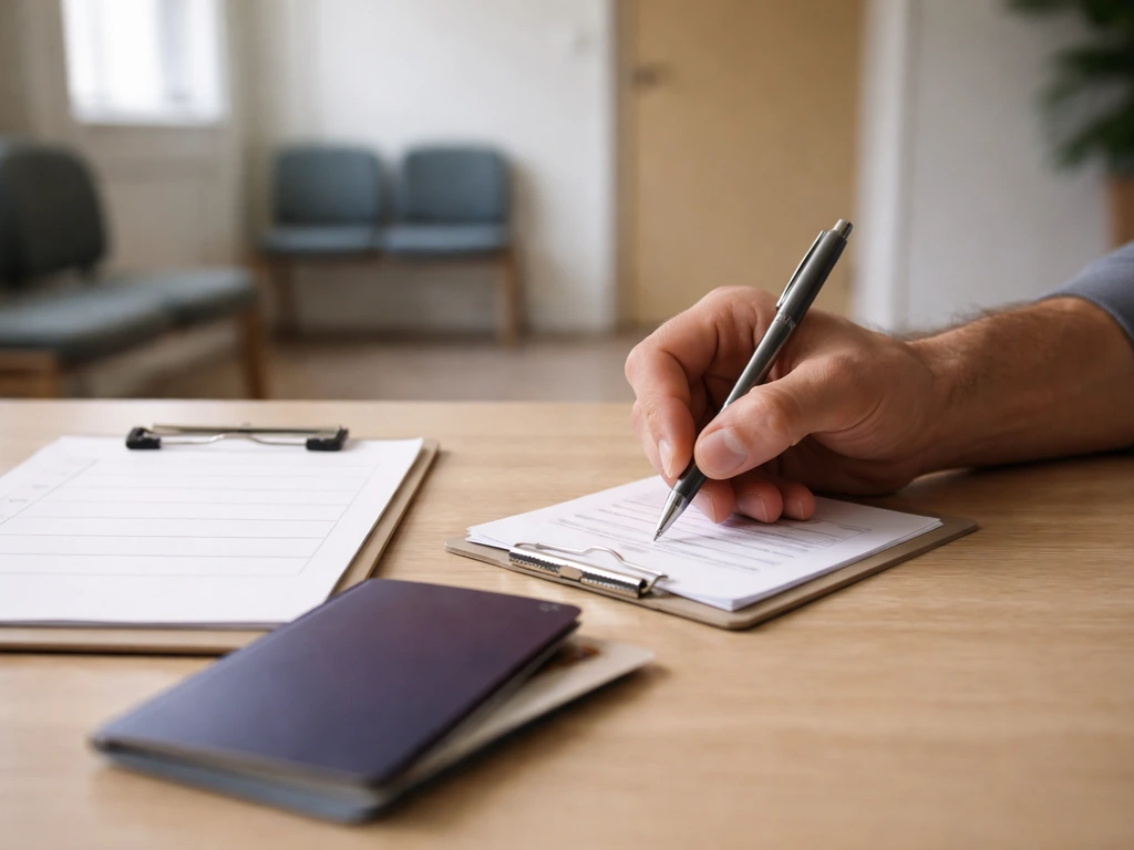 Une main complète un formulaire sur un bureau, avec pièce d’identité et check-list vierge.