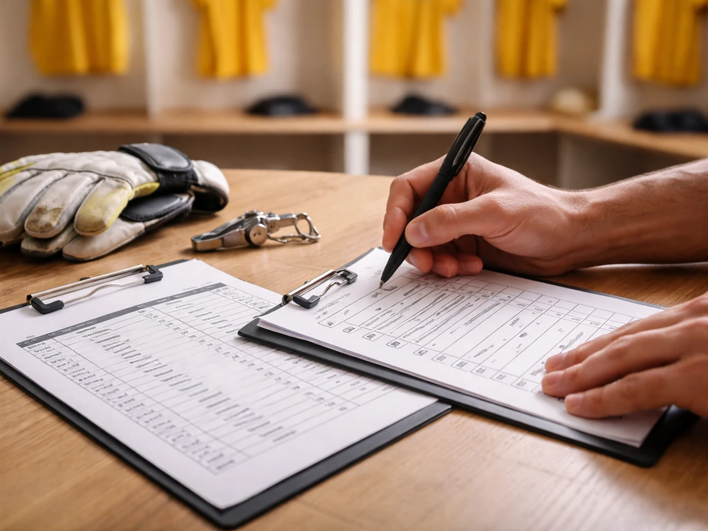Main pose une checklist de match sur une table avec sifflet et feuille de match, ambiance préparation sportive