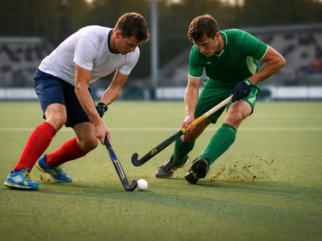 Match de hockey sur gazon sur gazon synthétique, duel de crosses au premier plan, ambiance stade européen.