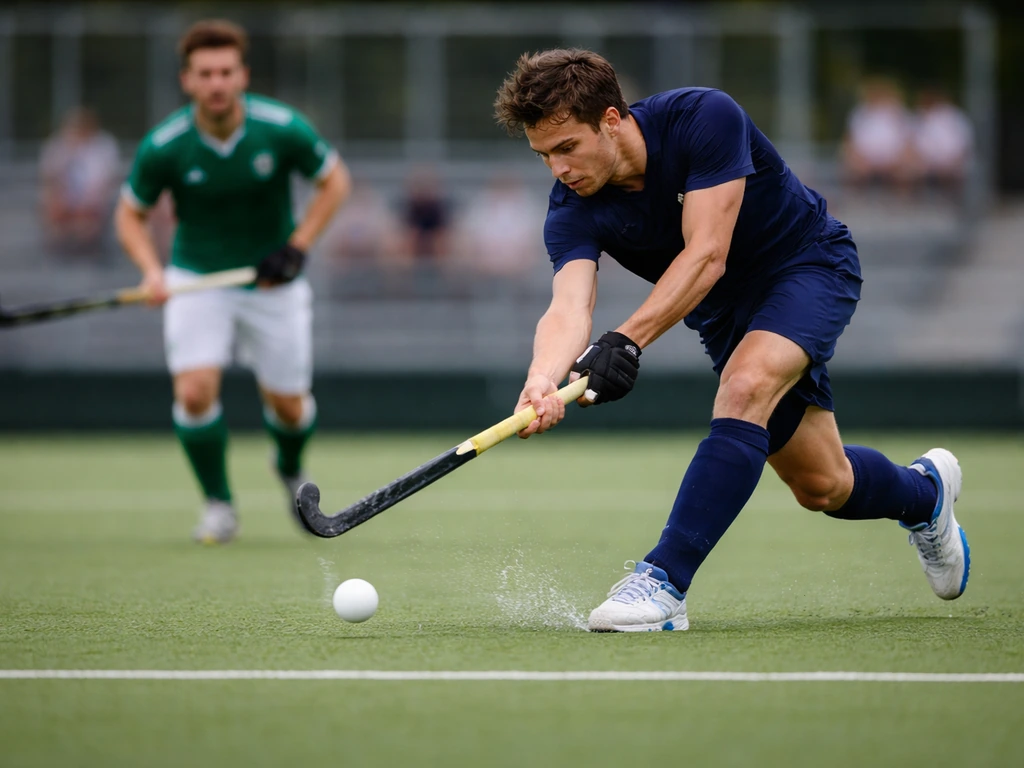 Action d’un match de hockey sur gazon aux EuroHockey Championships, joueur français à la frappe, adversaire irlandais de