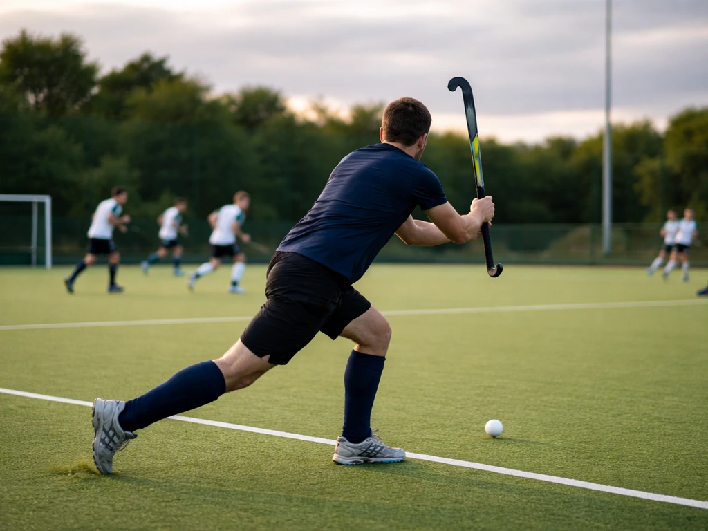 Match de hockey sur gazon : un joueur anonyme en action sur un terrain vert, ambiance de ligue.