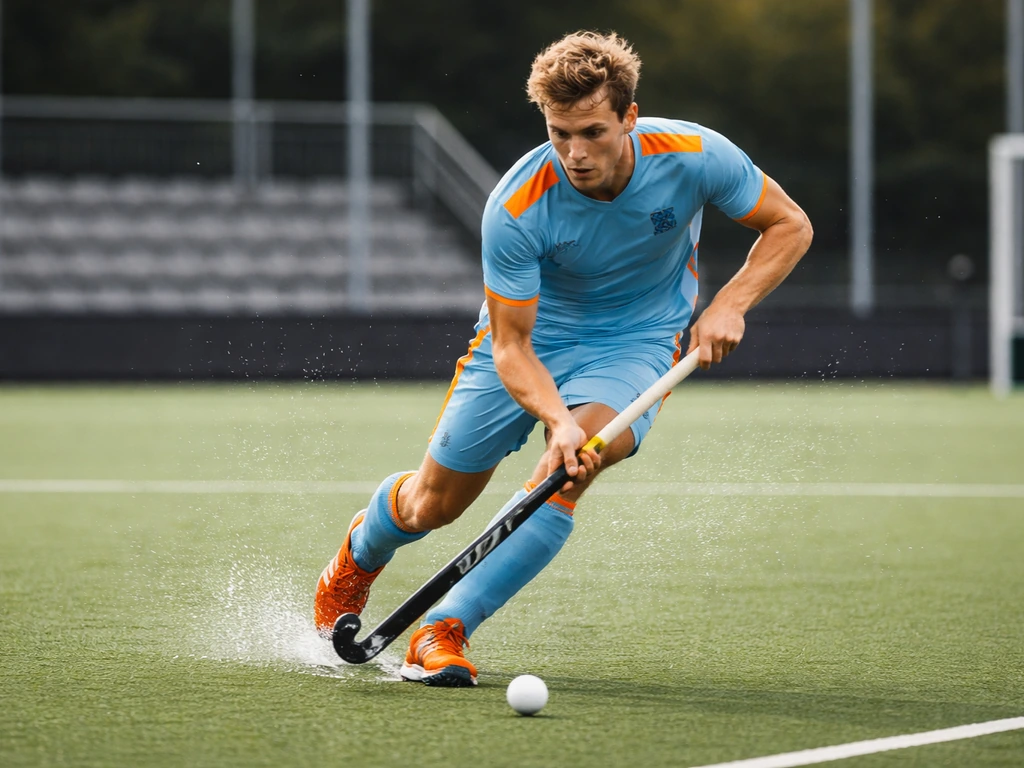 Un joueur néerlandais de hockey sur gazon contrôle le ballon sur un terrain vert, ambiance de match.