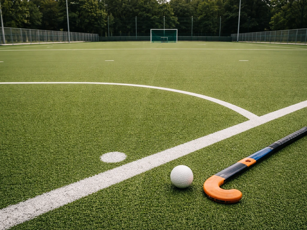 Terrain de hockey en gazon synthétique avec lignes et zone de jeu nettes, ballon et bâton au premier plan.