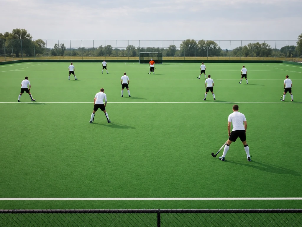 Onze joueurs de hockey sur gazon sur le terrain, avec un gardien visible, vue d’ensemble des postes.