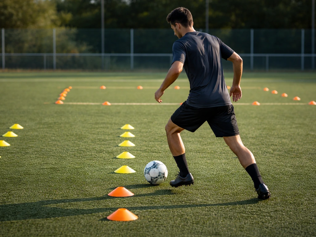 Entraînement sur terrain de sport avec plots, zones et un ballon en mouvement lors d’un échauffement technique