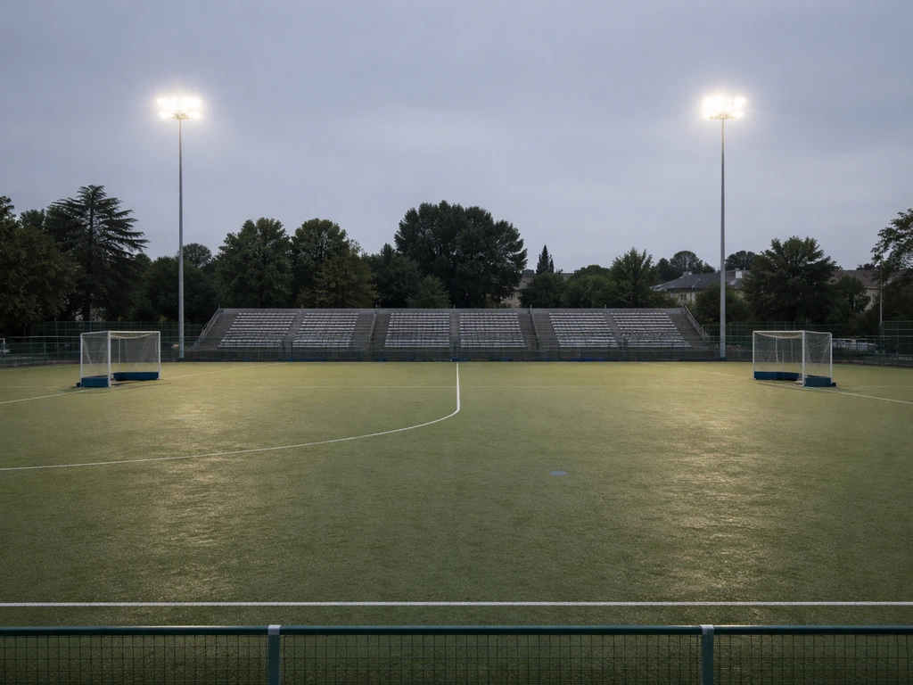 Vue d’ensemble d’un terrain de hockey sur gazon à Colombes, projecteurs allumés et buts vides.