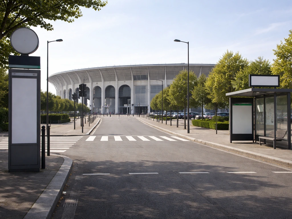 Entrée du stade à Colombes, passage piéton et parking, repères d’accès sans texte ni logo.