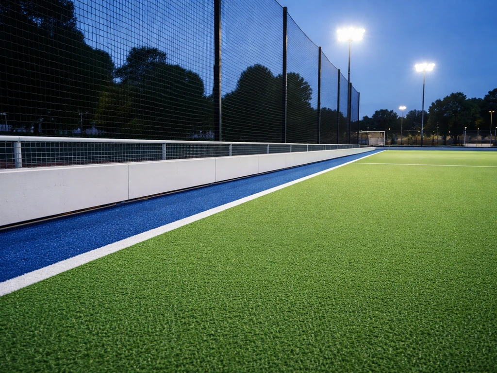 Vue rapprochée d’un terrain de hockey sur gazon synthétique éclairé, avec filets et structures rénovées