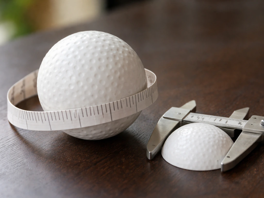 Gros plan d’une balle de hockey sur gazon avec mètre ruban et réglet pour illustrer diamètre et circonférence.