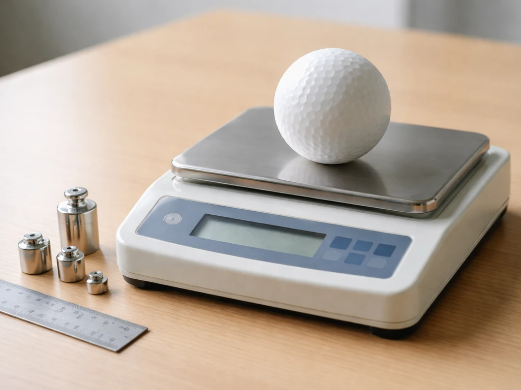 Balle de hockey sur gazon et balance électronique affichant une mesure, sur table avec lumière naturelle