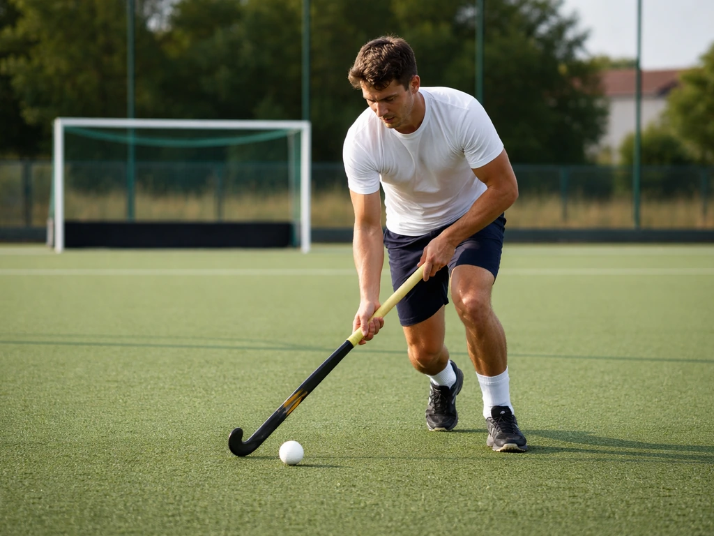Terrain de hockey sur gazon bordelais avec un joueur anonyme en action près des poteaux
