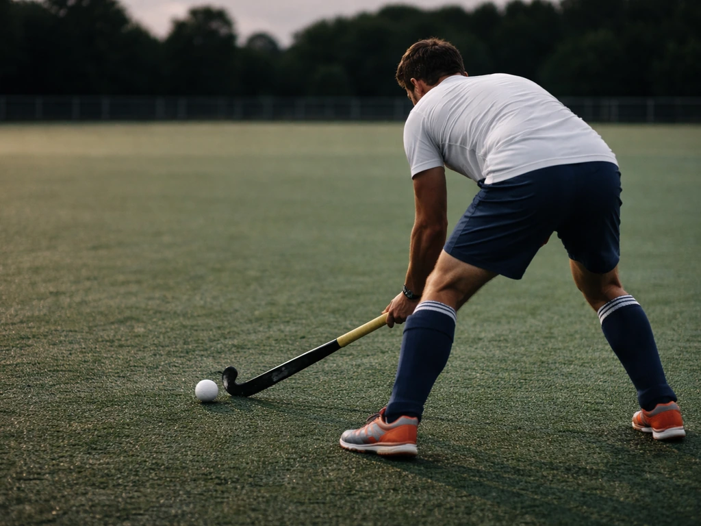 Terrain de hockey sur gazon au coucher, ballon près d’un joueur, ambiance match minimaliste