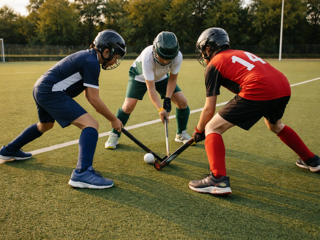 Joueurs de hockey sur gazon en tenue, en essai sur terrain vert, ballon au milieu de l’action.