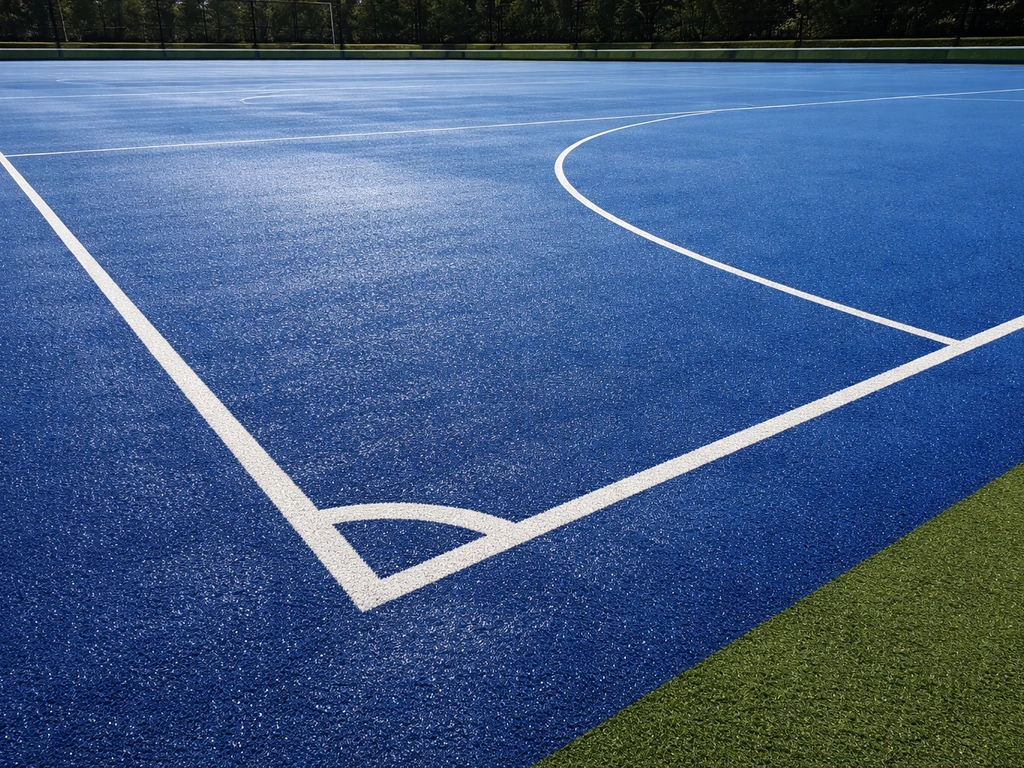 Terrain de hockey sur gazon synthétique waterpitch, avec repères visuels minimaux et ambiance de match.