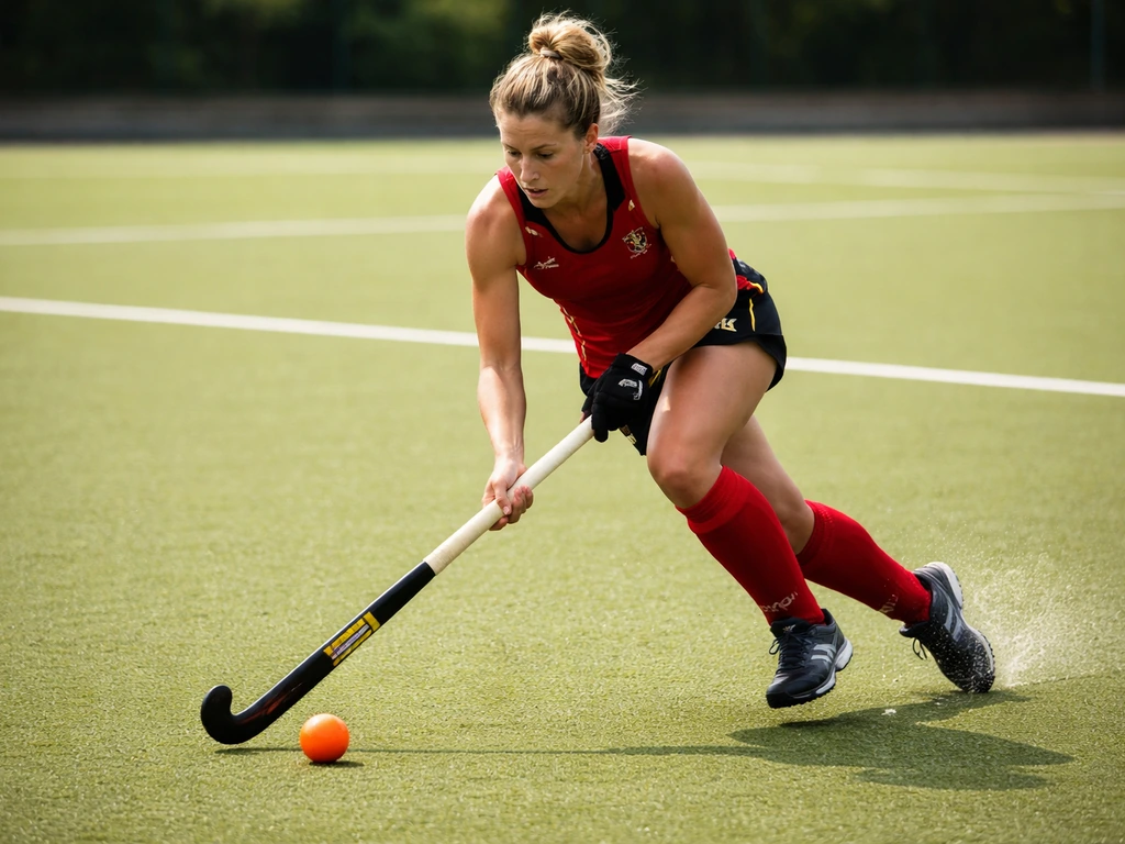 Joueuse belge féminine de hockey sur gazon dribblant sur terrain vert, maillot rouge, action dynamique