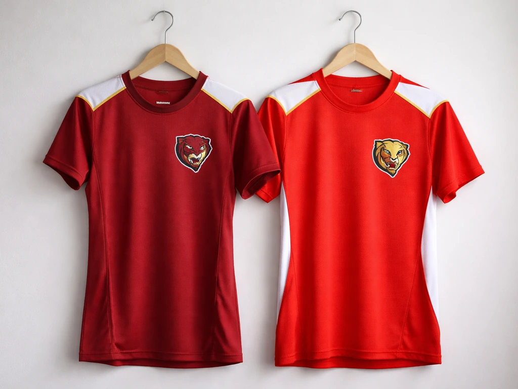 Deux maillots de hockey sur gazon rouges, l’un avec écusson de panthère (femmes) et l’autre de lion (hommes).