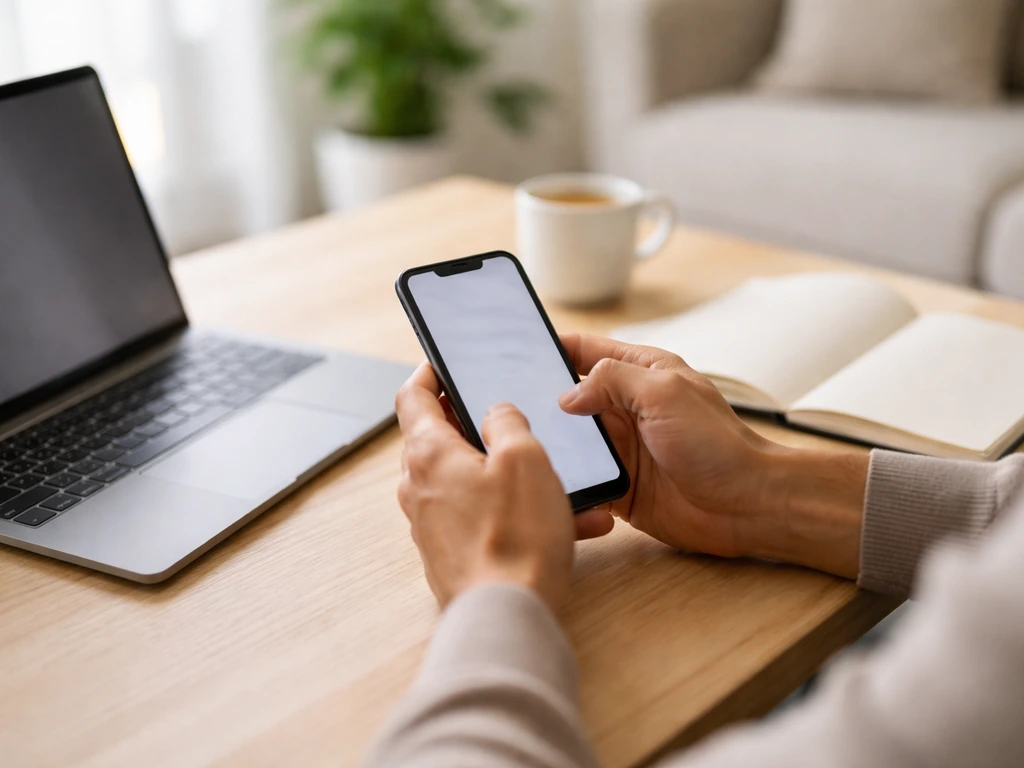 Mains tenant un smartphone au-dessus d’un bureau, ambiance de vérification rapide des matchs du jour.