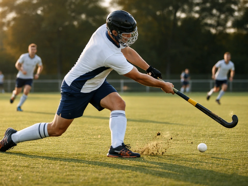 Joueur anonyme de hockey sur gazon tirant sur un terrain en herbe, ambiance de match au stade.