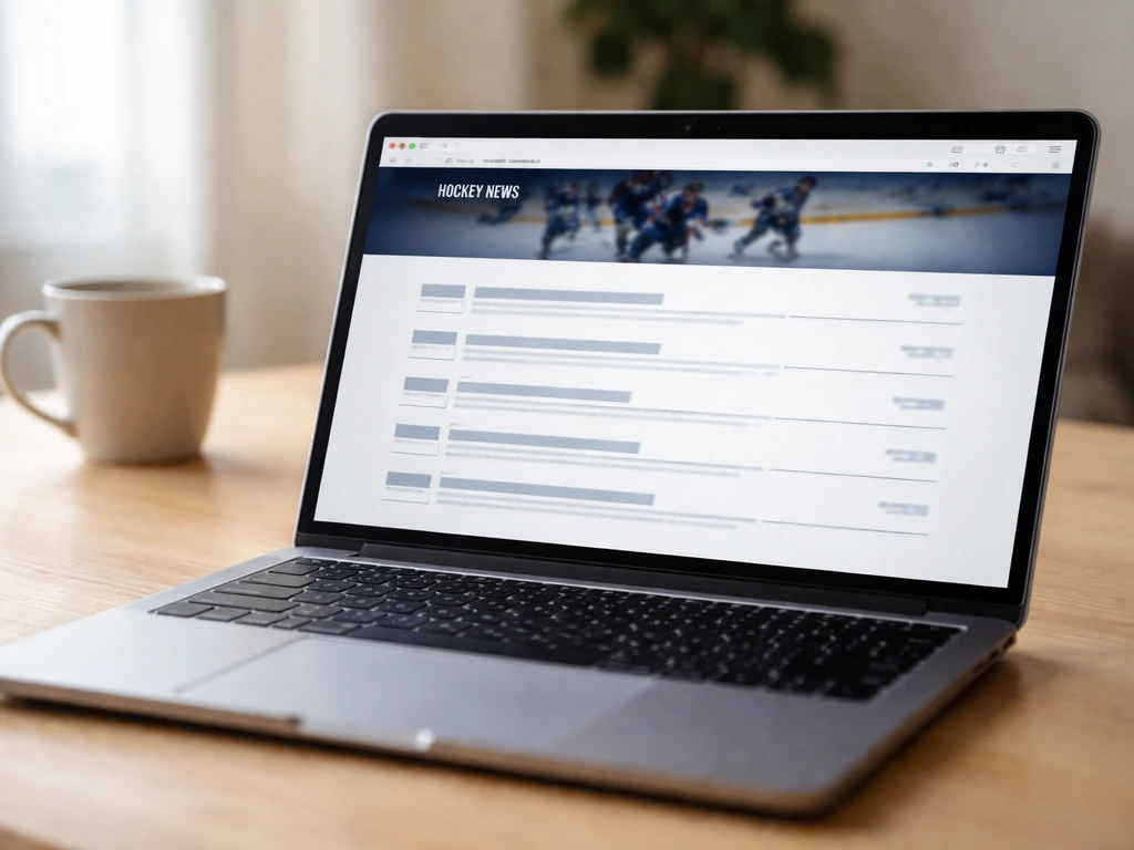 Écran d’ordinateur montrant une page actualités “Hockey” avec des articles et dates, décor sobre